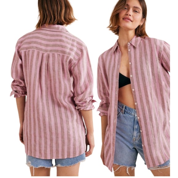 Boden Tops - BODEN Relaxed Linen Button Down Shirt Formica Pink, Sparkle Stripe